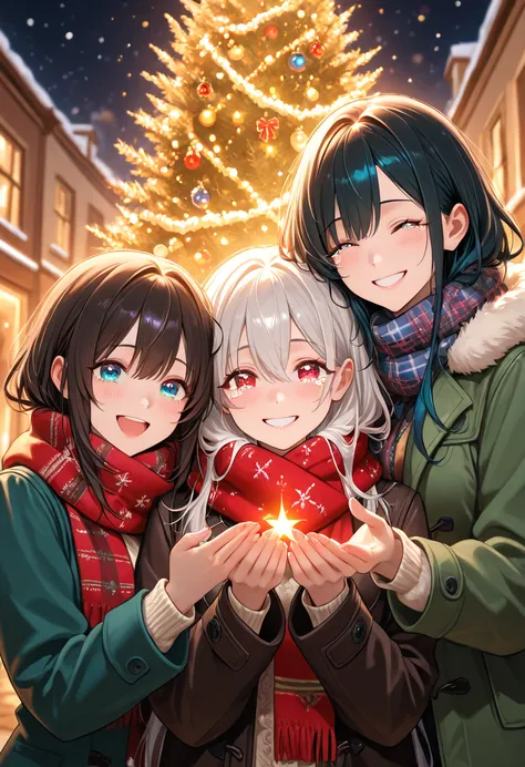 A masterpiece: 2 or 3 girls in winter clothes and scarves beside a neon Christmas tree, one smiling through tears while the othe...