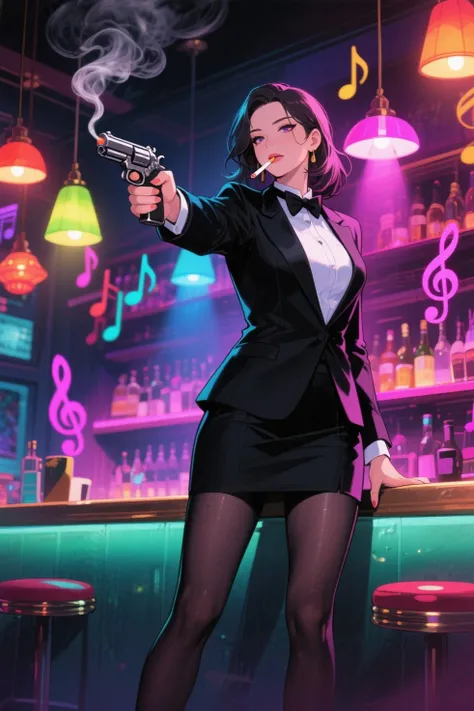 A adult woman in tuxedo with black translucent leggings stands inside the bar , holding a lit cigarettes, points a pistol to the...