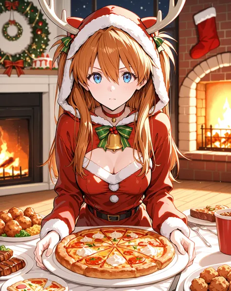Evangelion, (Soryu Asuka Langley), cute, fireplace, reindeer costume, Christmas, Christmasツリー, cake, Fried Chicken, steak, pizza...