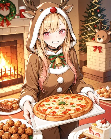 (kitagawa marin), blond hair, cute, fireplace, reindeer costume, Christmas, Christmasツリー, cake, Fried Chicken, steak, pizza, sol...