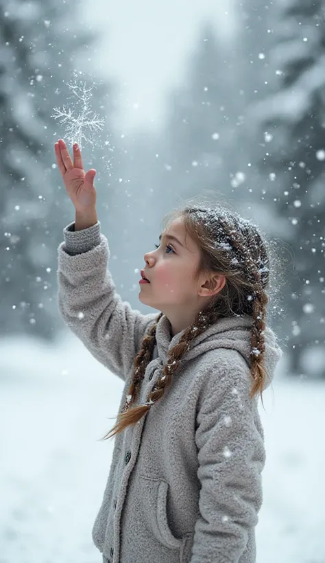 A girl flicks her hand upward sending the delicate snowflake into the air as more snow begins to fall slowly around, the cold br...