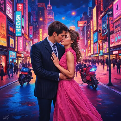 Draw everything with beautiful bright acrylic paints, juicy bright. Draw a man and a girl in love against the backdrop of a neon...