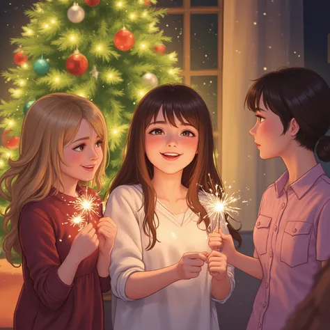 A brunette girl sits near a Christmas tree with sparklers in anime style, a brunette friend and a second blonde sit next to her