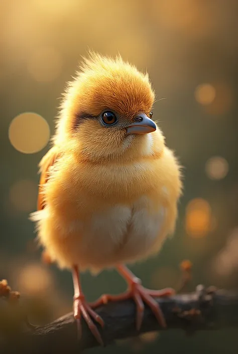 is a captivating close-up portrait of a beautiful little bird that glows with the soft golden light of a quiet morning, with bri...