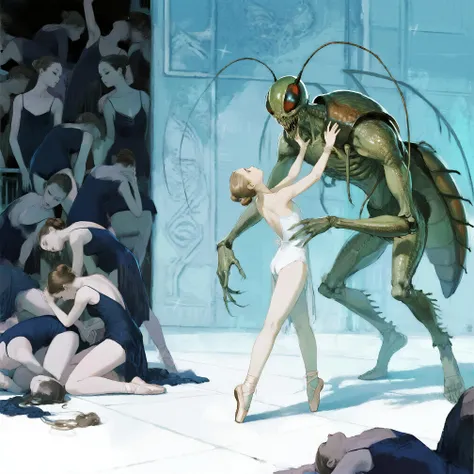A beautiful young girl in a white, tight-fitting, high-slit ballet leotard without a skirt is captured by an insect-like monster...