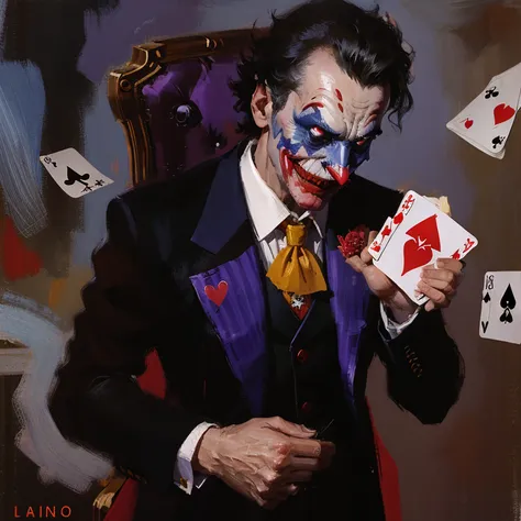 A man in a suit, a joker, holds a playing card in his hands, with casino chips falling in the background.
