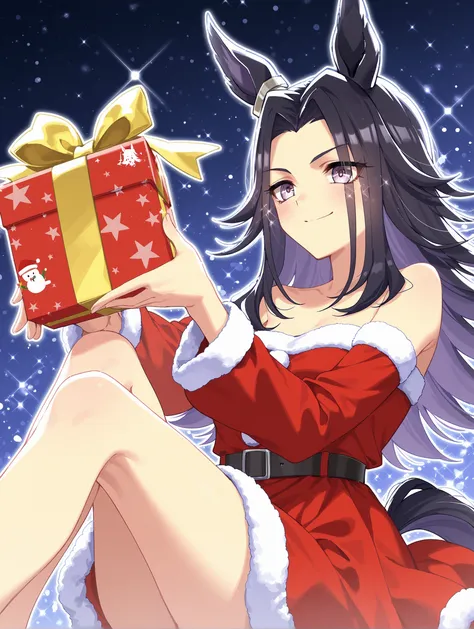 fenomeno \(umamusume\)、Santa Kos、Santa dress、gift box、Sparkly Background、Christmas、Smile Yan、