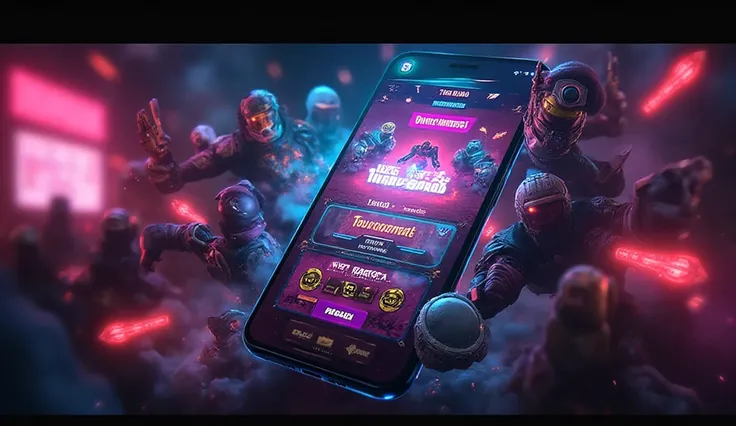 Create a high-quality YouTube thumbnail for a THG Tournament app video. Use a bold, modern gaming style with bright neon colors....