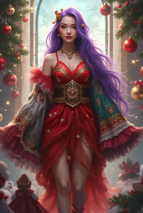 some different christmas clothes. make her hair color purple.