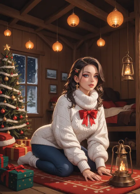 Christine West, A beautiful young woman in an elegant Christmas-themed winter outfit sits on a fluffy rug by a warm campfire ins...