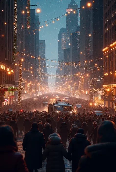 image of Full Streets, Christmas lights, noise, people pushing each other.