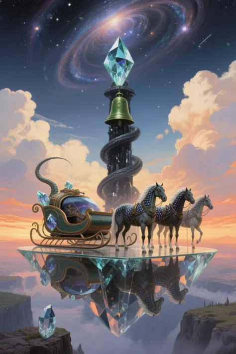 Visual Sketch: the sleigh of the multiverses, Title: the caravan of the eternal solstice,  location: glass plateau on the edge o...