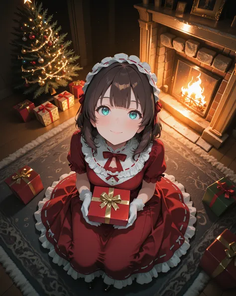 1girl, fair skin, brown hair, blunt bangs, short fringed bob, frilled hairband, cyan eyes, looking up, looking at viewer, half-l...