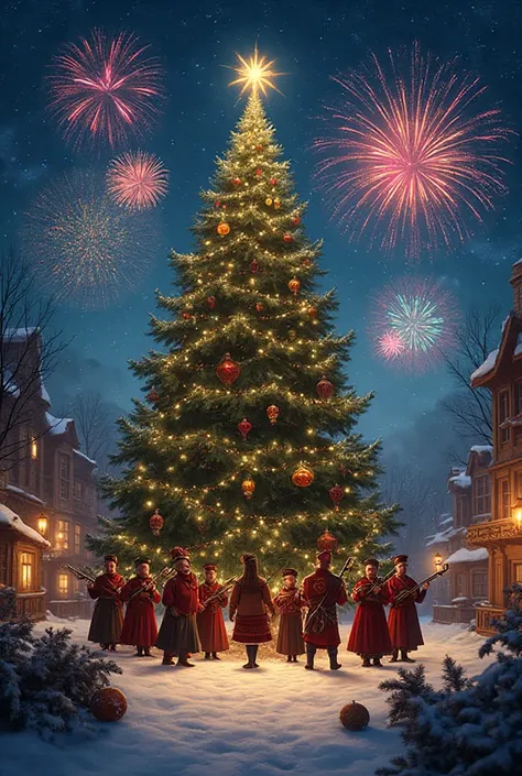 Create a Christmas image featuring a Christmas tree, fireworks and instruments from the Zulian bagpipe.