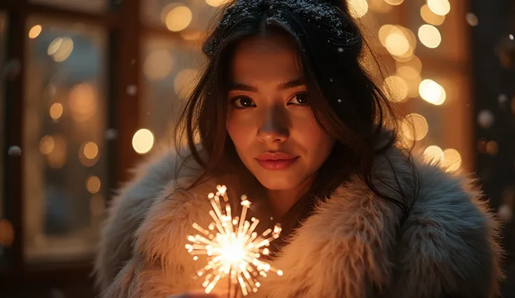 “Beautiful young woman in a festive New Year setting, soft warm lights, cozy winter outfit, fur-trimmed coat, gentle makeup, sno...