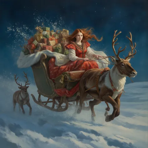 Hyperphorealistic Christmas heroine Beauty woman riding a sleigh on Christmas Eve night delivering presents contained in a giant...