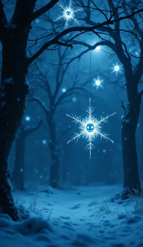 A chilling winter night scene, featuring sparkling snowflakes that appear to contain ghostly faces within them. The atmosphere i...