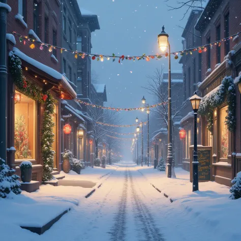 city ​​street, it’s snowing outside, the street is decorated with New Year’s decorations, there are no people on the street