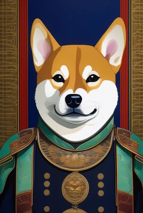 A framed portrait of a Shiba Inu wearing precise samurai armor hangs on a dark blue wall. The dog's head is, has characteristic ...