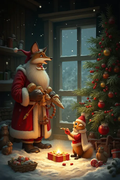 8. Scene 8 - Gifts
The scene is in the middle of the cozy wooden house of the fox in the large room of the fox's house, Santa C...