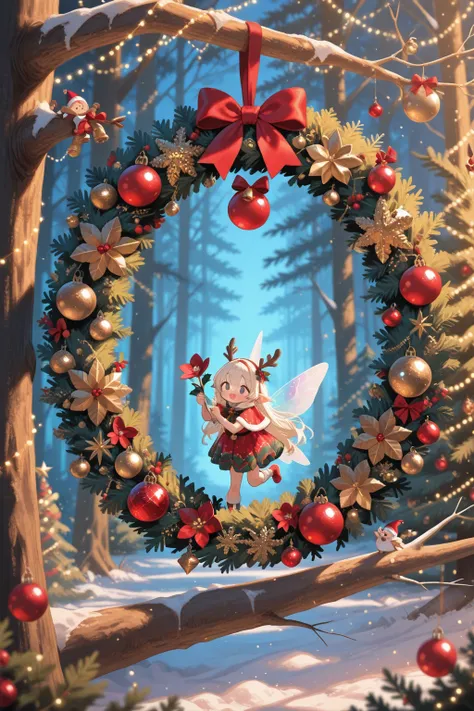 Many forest fairies are making original Christmas wreaths, bringing flowers and nuts to hang on the tree, clear, glitter, master...
