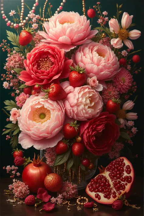 A luxurious, hyper-realistic fantasy still-life painting of a vibrant floral bouquet featuring red and pink peonies, tulips, ros...