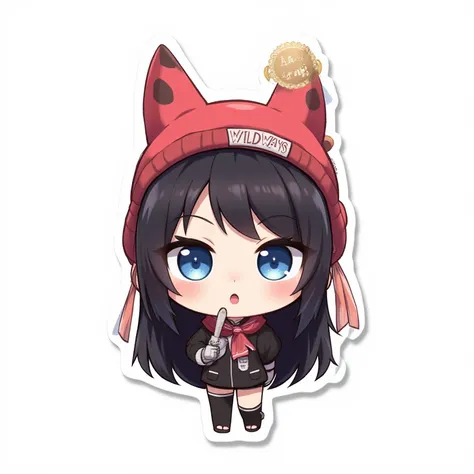 girl with long black hair, blue eyes, wearing a fox hat with the inscription: Wildways, wearing black street clothes, with an Ab...