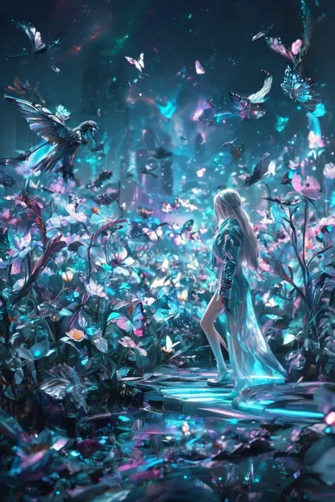A mysterious girl surrounded by butterflies and flowers in an urban ruin or fantastical, desolate landscape.Style: A mix of wate...