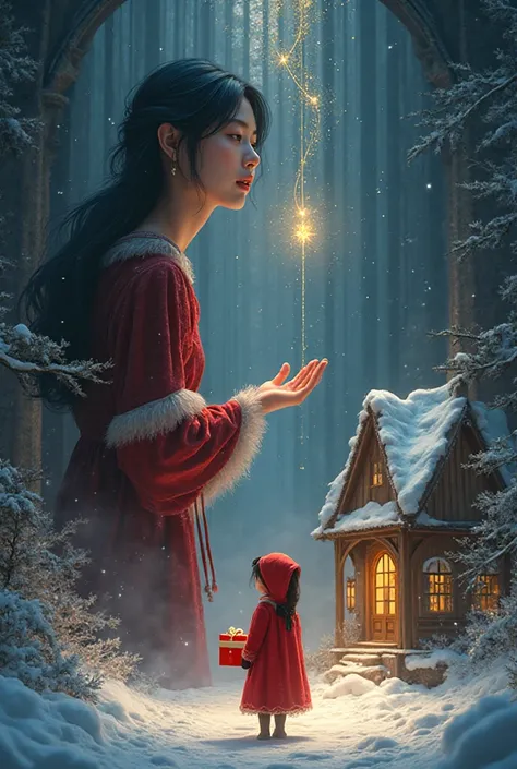creating a high-resolution winter Christmas fantasy scene, with a gigantic young woman, a female character with a similar face a...
