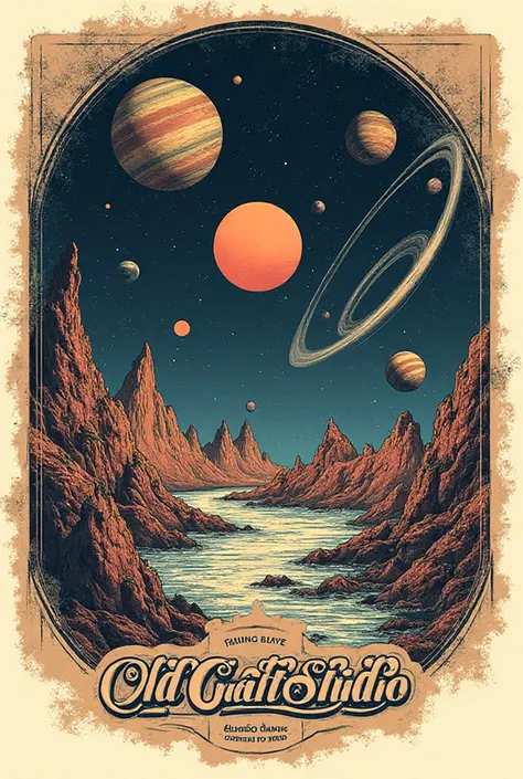 Generate a retro vintage style design for printing on a t-shirt at 300 DPI. theme: space landscape with planets, rings and alien...
