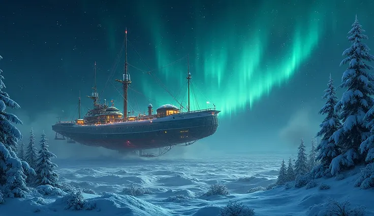 winter airship deck,snowy landscape,frosty night ,misty atmosphere,starry sky,Frozen Sea,aurora lights,illuminated airship domes...
