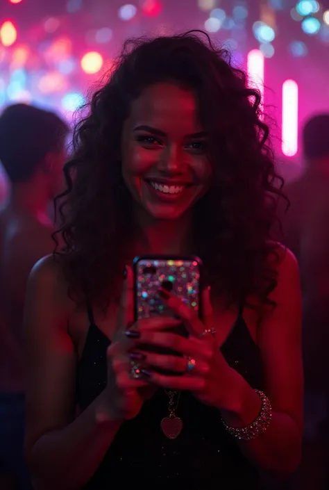 A beautiful curly haired woman taking a selfie at the club