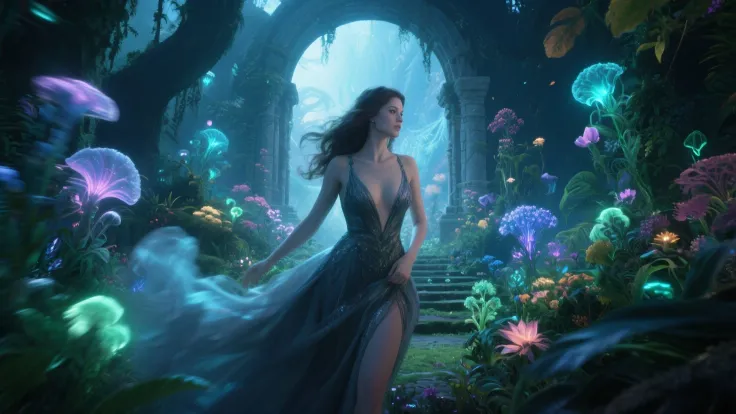 Step into an otherworldly botanical garden. A stunning woman in a low-cut gown, amidst bioluminescent flora. Epic realistic acti...