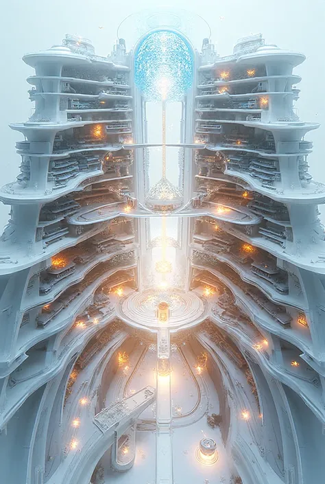 cross-section view , architectural drawing, technical cross-section cutaway, transverse view through the center of a futuristic ...