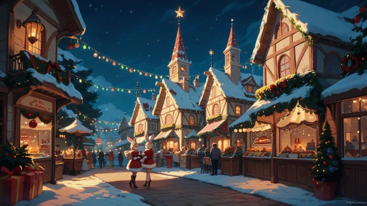 Night Christmas Markets　Illustration　fantastic　girl　Rabbit　A beautiful night city with 