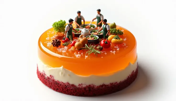 A round cake showcasing side layers: bottom layer of red velvet sponge, middle layer of cream cheese frosting, topped by a thick...