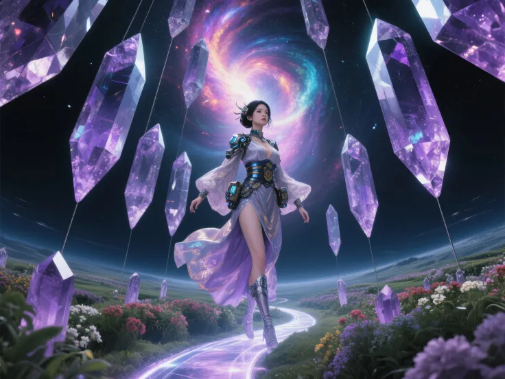 A breathtaking, low-angle, full-shot portrait of a glamorous Japanese female explorer, her attire is a blend of futuristic gear ...