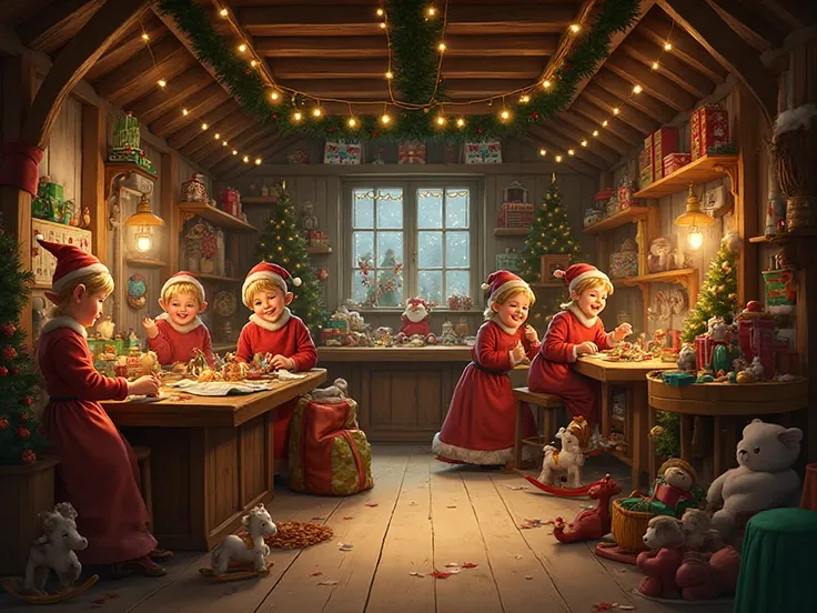 Santa’s vintage wooden workshop filled with toys, warm golden lights, elves crafting presents, colorful details, whimsical holid...