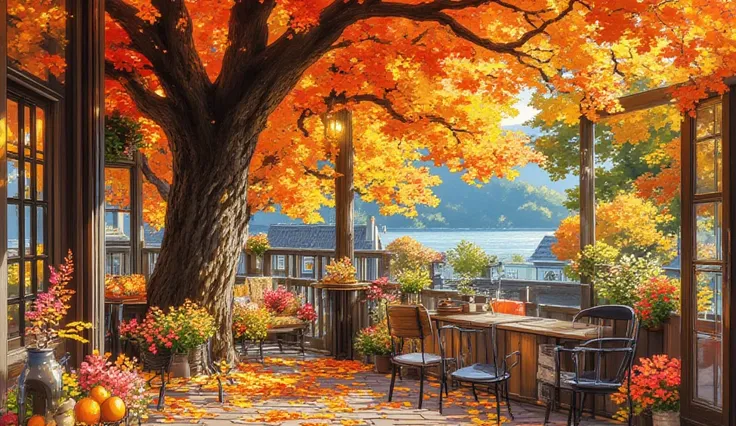 A poetic balcony corner under the shade of an old tree with bright yellow-red leaves of autumn. The center of the space is a smo...