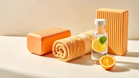 Bright wellness composition on the right: orange yoga block, foam roller, citrus-colored towel, and a bottle of infused water on...