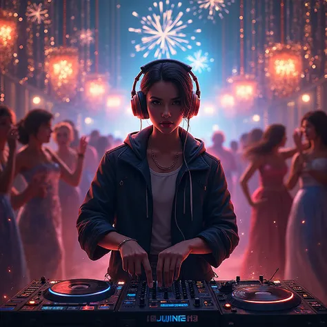 Please create a cover for a song size 1x1, with the image of a 205-style DJ wearing headphones, around the New Year atmosphere, ...