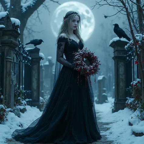 A pale Gothic winter queen in flowing black lace gown holding a frosted wreath of blood-red berries and black roses, standing in...