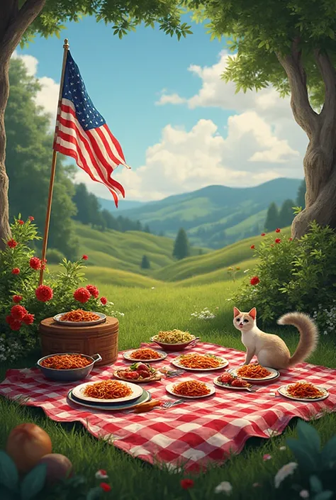A picnic in nature.The American flag hangs.On the tablecloth there are plates of spaghetti and a platter of tomato sauce.the cat...