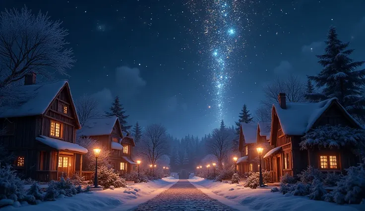 An animated Pixar/Disney-style night scene, quiet village under a starry sky, warm soft lighting, magical glow descending from t...
