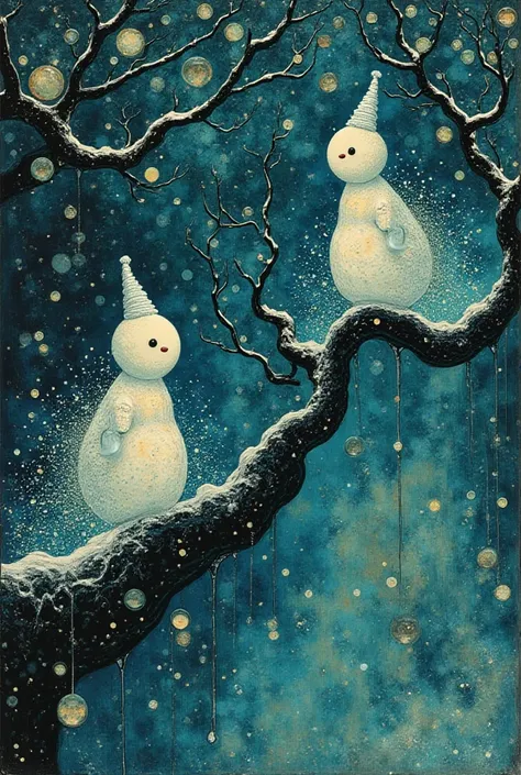 Leon Spilliaert, quiet snowmen on tree limb, surreal knit accent, ethereal light beams, bokeh shimmer, Symbolist nocturnal surre...