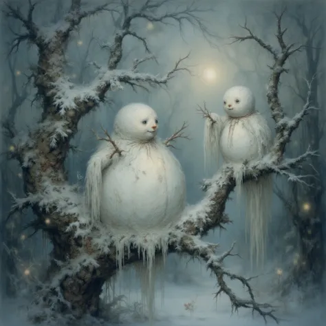 Leon Spilliaert, quiet snowmen on tree limb, surreal knit accent, ethereal light beams, bokeh shimmer, Symbolist nocturnal surre...