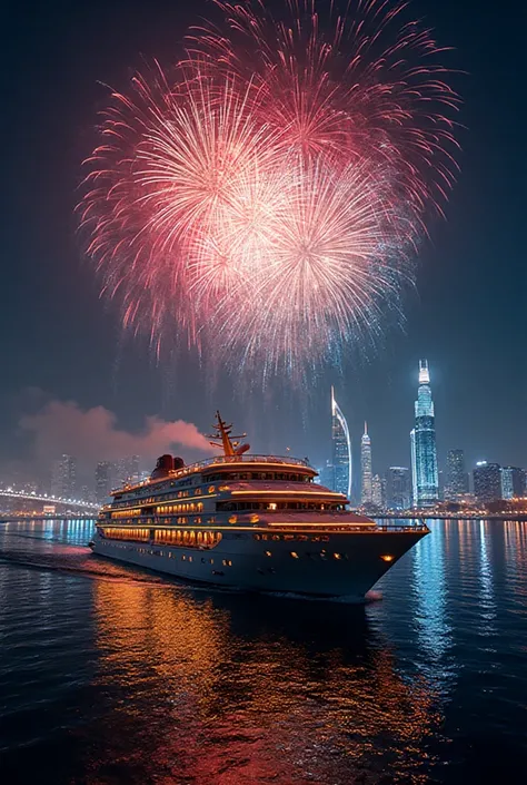 A cinematic wide shot of a luxury multi-deck cruise ship sailing on the Saigon River at midnight. Above, a spectacular, colorful...
