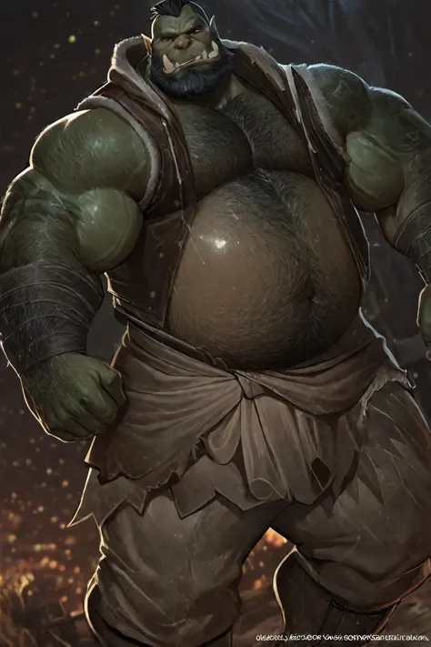 Old mature male orc, muscular body with a slightly round belly, black beard with some grey streaks in the beard, hairy belly and...