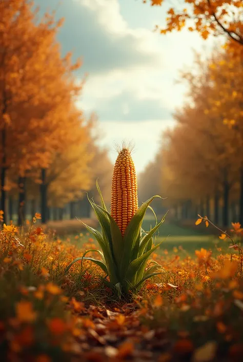 high quality, 8k Ultra HD , an ear of corn in an autumn park, The foliage is falling, Osennie Kraski, cloudy weather, you can fe...