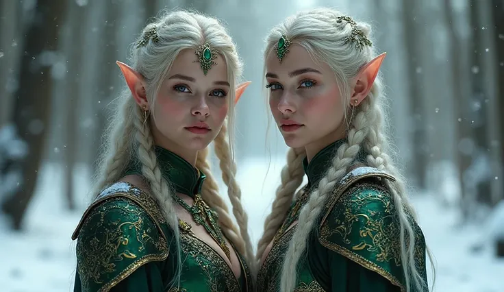 “A hyper-realistic cinematic fantasy scene featuring two young, beautiful elf women standing side-by-side in a snowy enchanted f...